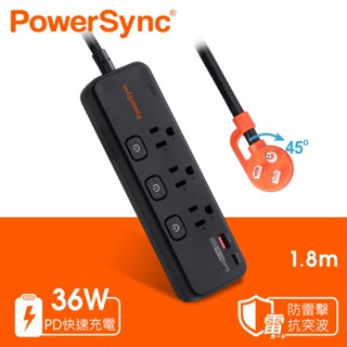PowerSync群加 4開3插防雷擊快充1A1C延長線/黑/1.8M TK43Q018