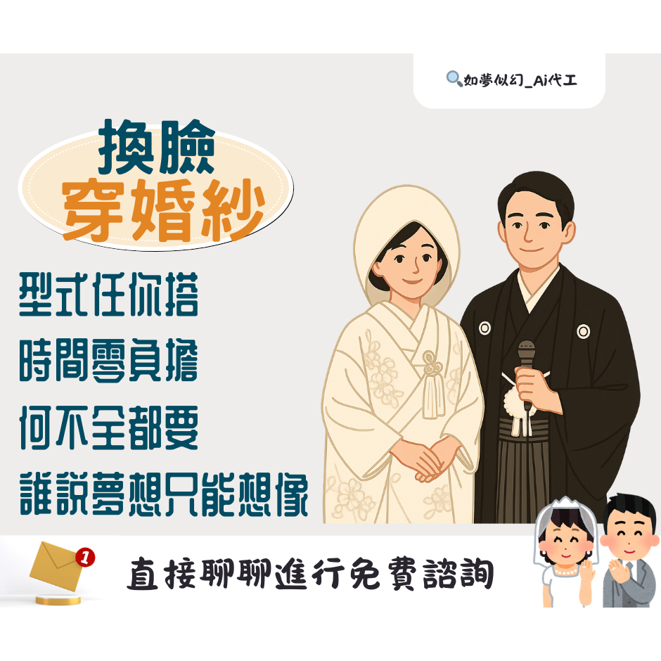【AI換臉穿婚紗】婚紗  AI製作 換臉技術 婚紗試穿 婚禮 法式婚紗 中式婚紗
