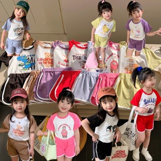 ֍小斑麻童裝֍兒童運動套裝 撞色短袖短褲兩件套裝 夏季薄款兒童套裝 居家服 睡衣套裝 男女童 中小童 純棉印花運動套裝