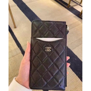 CHANEL Chanel 香奈兒 經典菱格 - 珠光黑金薄長夾 扁長夾 一字拉鍊荔枝皮 金釦 長夾