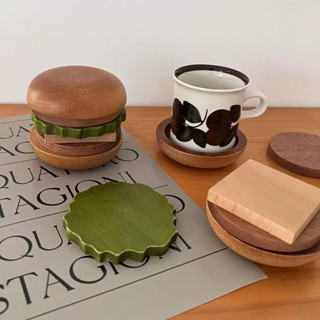 臺灣現貨♡復古漢堡原木杯墊（一組6片）🍔隔熱墊／造型杯墊／防燙墊／餐墊／吸水杯墊／木頭杯墊／磁吸杯墊／飲料杯墊／隔熱墊