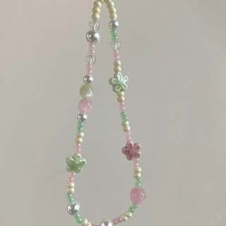 小清新粉綠小花掛飾~夏日ins藍粉花朵手機鍊 手腕掛繩珠串掛件相機高階感掛鏈ins風短鏈條 串珠手機掛繩吊飾ccd鍊條