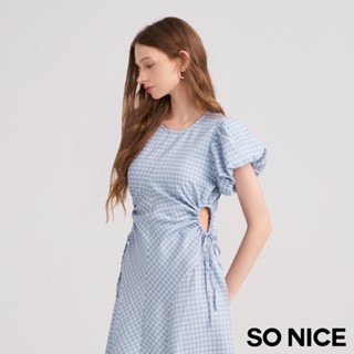 SO NICE【特惠】格紋圓領公主袖鏤空顯瘦抽繩洋裝｜都會時尚女裝 【58434005】