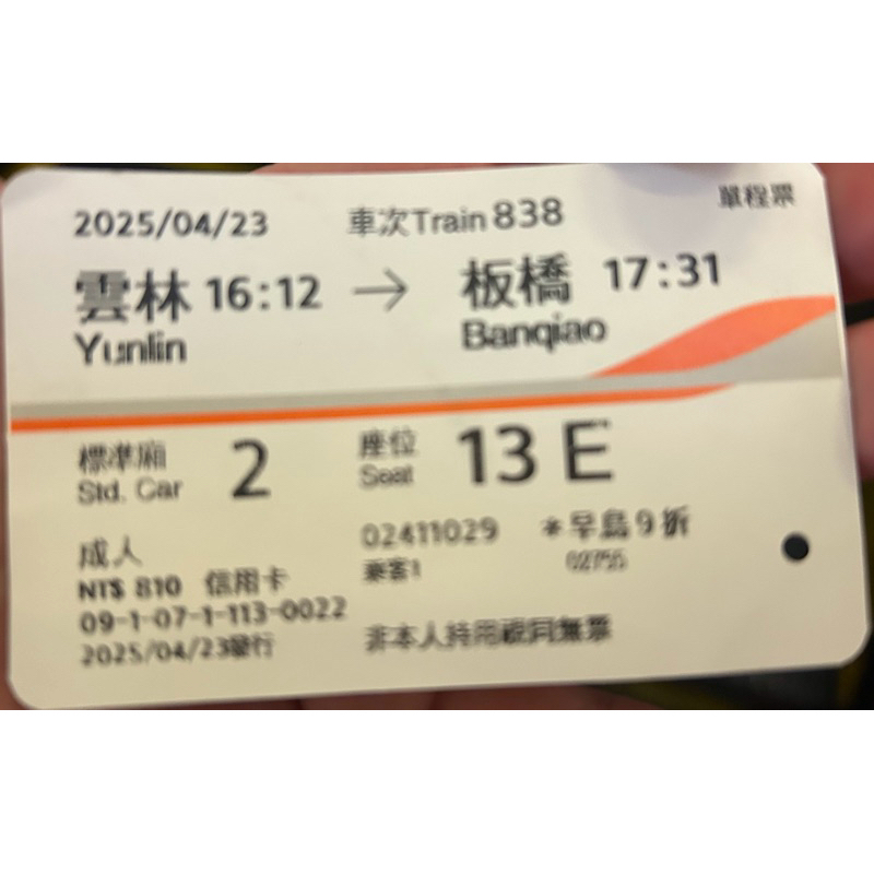 具紀念價值4/23雲林到板橋高鐵車票票根