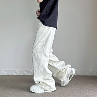 潮流美式彎刀寬鬆墜感闊腿直筒牛仔褲 男韓版潮流百搭牛仔褲簡約顯瘦白色拖地直筒褲 牛仔褲 長褲男（H3769）【壹號站】