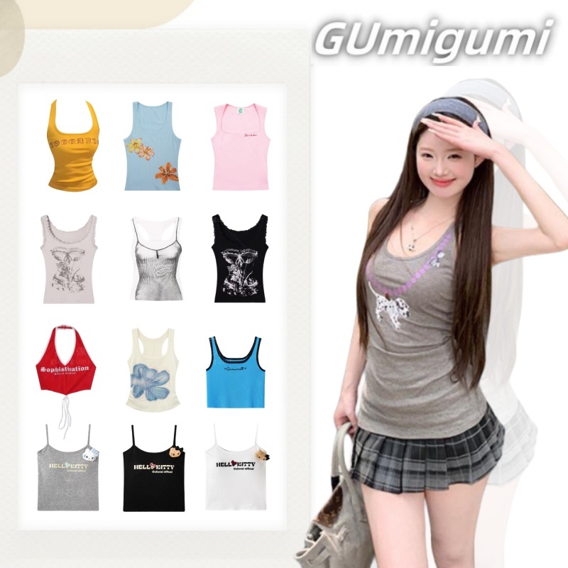 【gumigumi】美式辣妹風吊帶背心女 工字背心 無袖 t恤 修身背心 印花吊帶背心 吊嘎 挖背背心 女生上衣 ins