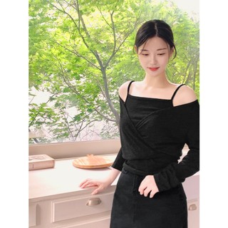 韓國代購KOREA_90 SHOP清雅氣質網拍MILKCOCOA 素面細肩帶小可愛內搭+長袖針織毛衣兩件式套裝