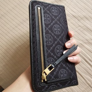 TORY BURCH MONOGRAM 黑緹花織布拚皮革暗釦薄款長夾