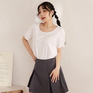 【PolyLulu】 U領多色舒適修身瘦瘦TEE 中大尺碼上衣 黑/白/灰藍/奶茶杏/粉紫/奶綠