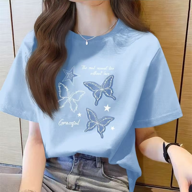 【在臺現貨！當天出】100%純棉短袖 大尺碼女裝上衣 愛與蝴蝶印花t恤 設計感衣服 女生短袖上衣oversize純棉t恤