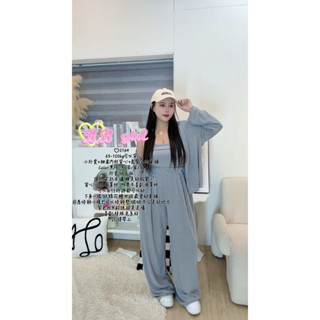(預購)加大尺碼65-100公斤可！C.B獨家自訂慵懶美感細肩罩杯背心+高腰鬆緊落地寬褲+長版外套三件組set