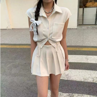 黑灰杏現貨秒出♥️【JinG】韓版太空棉套裝*下擺抽繩短袖上衣+百褶裙褲♥️韓系素面翻領落肩背心 運動風短裙