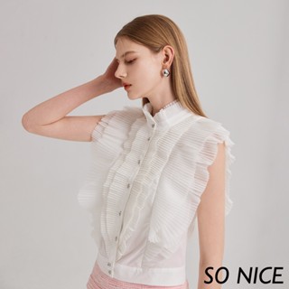 SO NICE【特惠】宮廷風小蓋袖襯衫布拼接壓褶網紗上衣｜都會時尚女裝【75431006】