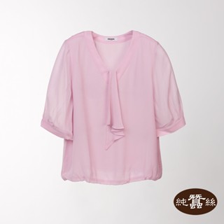 【岱妮蠶絲】純蠶絲喬其紗柔美女素色荷葉領巾上衣-WWL4140323(櫻粉色)