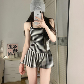 【臺灣發貨】辣妹高階感條紋吊帶 睡衣 少女 春秋新帶胸墊 純慾 短褲 家居服兩件套裝 外穿 薄款 吊帶 背心短褲休閒套裝
