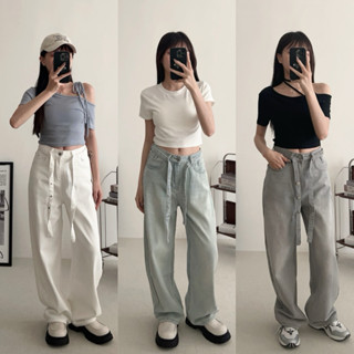 「FOR GIRLS」NJ183 穿不膩的 綁帶水洗牛仔寬褲（3colors）女生長褲 牛仔長褲 寬褲 牛仔褲 長褲