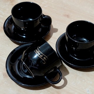 二手 | 黑色咖啡杯組 黑金盃 下午茶杯 三組合售(3杯、3盤)