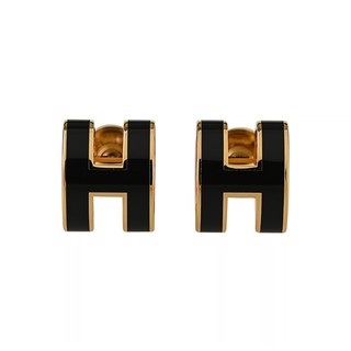 Hermes MINI POP品牌經典H字母設計針式耳環(黑x金)