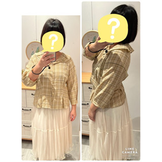 二手衣 九成新 女裝 專櫃 ILEY伊蕾 復古格紋 縲縈 七分袖襯衫 淺黃色 七分袖 上衣 全開襟 格紋配英文字體 XL