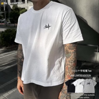 【B.Y】韓國街頭感十字短寬Tee oversized寬鬆落肩上衣 男女可穿 短版短袖T恤 星芒印花 限量SMR