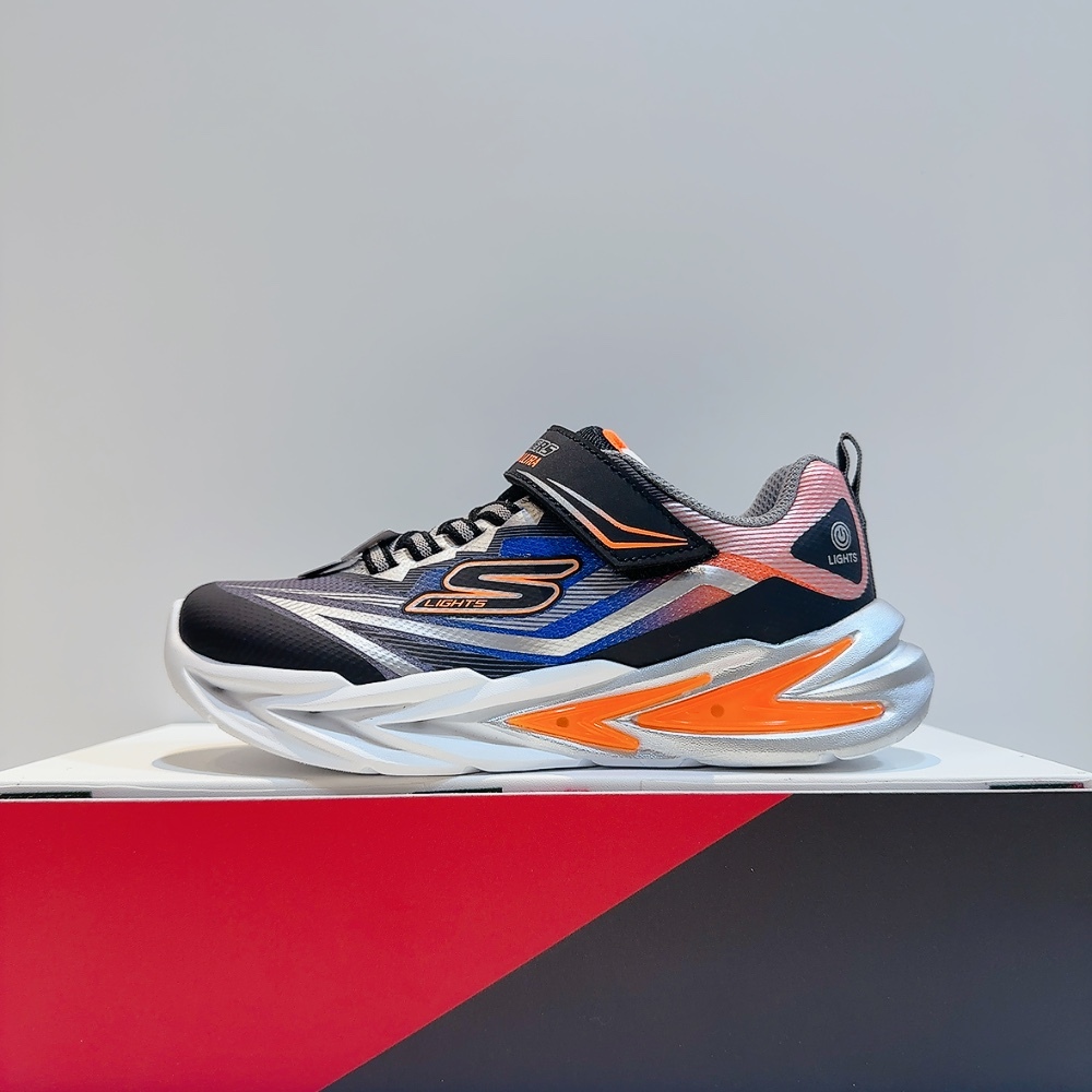 SKECHERS FLEX-GLOW ULTRA 中童 藍橘 寬楦 魔鬼氈 電燈鞋 發光鞋 400139WLBKSL