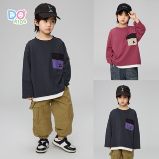 DO Kids童裝 臺灣現貨-日系撞色大口袋假兩件上衣 男童裝 春夏秋季新品 兒童 中大童 假兩件 長袖 圓領 T恤