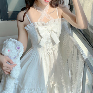預購*lolita 純白暗紋交叉蕾絲掛脖綁帶蝴蝶結吊帶裙 jsk 春夏 軟妹 度假 寫真 可愛 少女 設計感 公主 洋裝