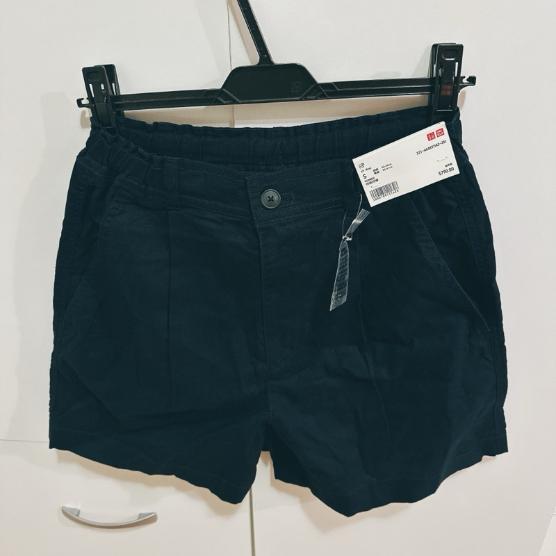 Uniqlo 全新女裝棉麻抽繩短褲 Navy S