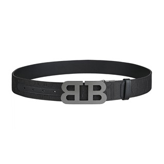 BALLY B-MIRROR銀色雙B LOGO數字母圖騰織帶設計織布/皮革雙麵皮帶(寬版/黑)