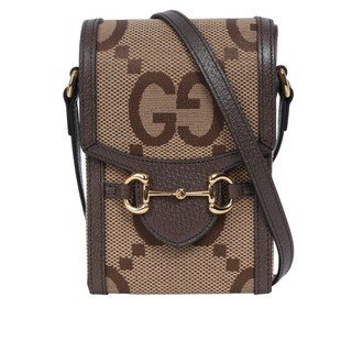 GUCCI Horsebit 1955 Jumbo GG 標誌緹花手機斜背包(棕色) 625615 UKMBG 2572