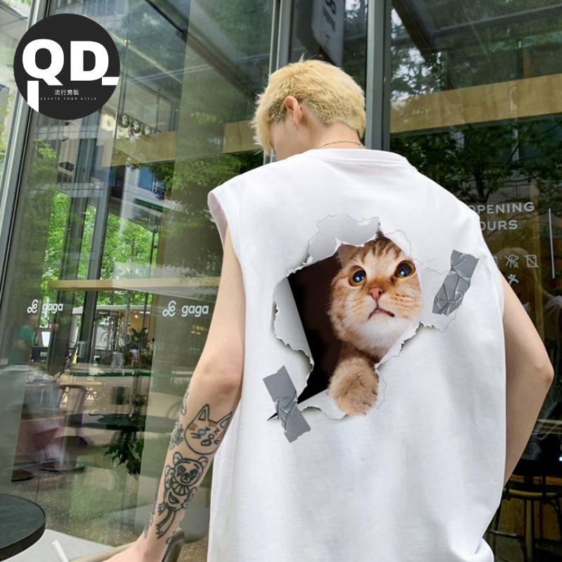 【QD流行服飾】韓版麂皮3D貓咪無袖背心 韓系吊嘎重磅背心 坦克背心 內搭背心 厚磅背心 男生背心 大尺碼背心 運動背心
