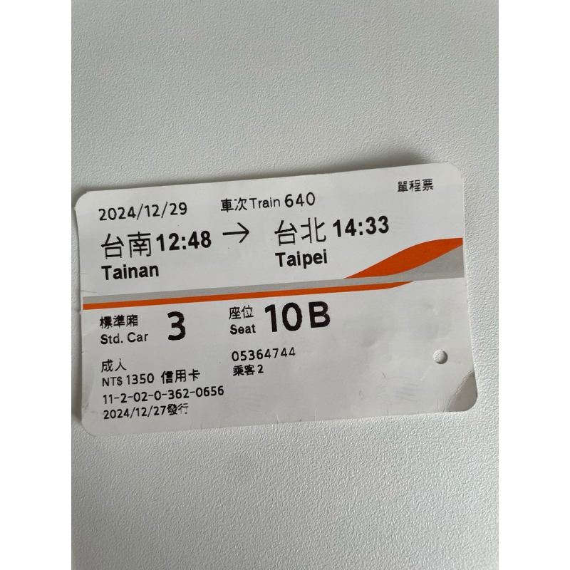 1131229高鐵車票 高鐵 票根 台南到台北