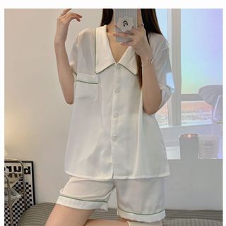 「 夏夏XIAXIA 」韓系ins風冰絲短袖短褲女生睡衣套裝 夏日翻領可外穿家居服 光面睡衣 女生家居服睡衣 素色睡衣女