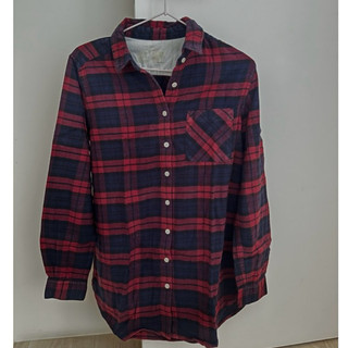 MUJI無印良品 絨布長袖襯衫 女法蘭絨長版立領上衣/酒紅格紋