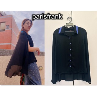 parisfrank~~品牌showcase 高品質 黑色微透膚 滾藍邊 斗篷式襯衫上衣(F號)