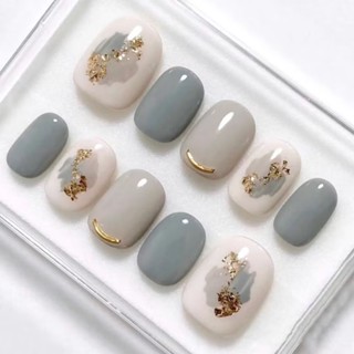 💖手工穿戴甲💖 手工甲片 穿帶甲 手工美甲 美甲貼片 光療指甲 簡約短款高階輕奢手工定製小眾美甲秋冬款ins金箔塗鴉