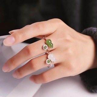 戒指 指環 天然玉髓和田玉女款S925銀鑲玉碧玉白玉葫蘆時尚活口開口戒指禮物