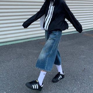 【壹禾YIHOO】隔日達 美式復古中性風做舊藍七分牛仔褲男女寬鬆直筒闊腿七分短褲中長款 7分褲 七分牛仔