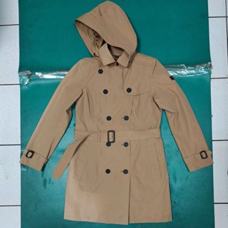 法國 Aigle 女 真皮標 Gore Tex 防風防水透氣 皮腰帶 高雅 多變 連帽（可拆式）外套 風衣大衣 S-M號