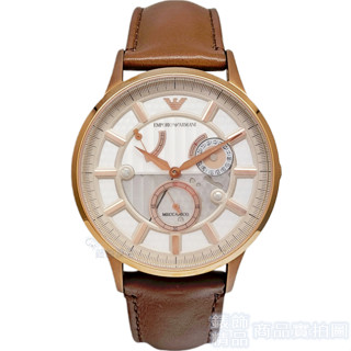 EMPORIO ARMANI亞曼尼 AR4662手錶 玫瑰金框 銀白麵 咖啡色皮帶 手自動上鍊 機械錶 男錶【澄緻精品】