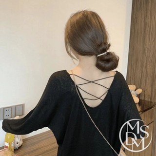 【MDMS】時尚後背鏤空 露背防曬長袖T恤 後背交叉透視 長袖 女裝 上衣 針織 針織衫 罩衫 針織上衣 S139