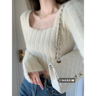 二手衣/法式氣質方領軟糯水貂絨毛衣女秋冬季短板內搭短修身針織打底衫上衣白色毛毛長袖純白純色