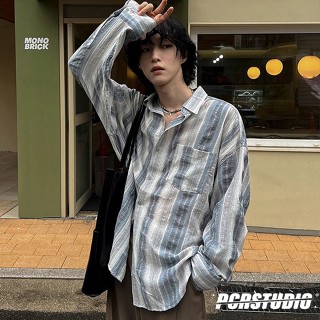 【PCRSTUDIO】襯衫 條紋 長袖 上衣 復古 古著 紐扣 落肩 寬鬆 翻領 韓系 休閒 韓版 潮流 外套 設計