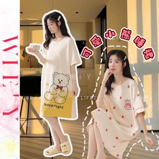 🌸WIE' Y🌸 「純棉卡通睡裙」韓國家居服 長版睡衣 夏天全棉新款中長款波點學生高顏值睡裙 可愛睡衣女 短袖居家服