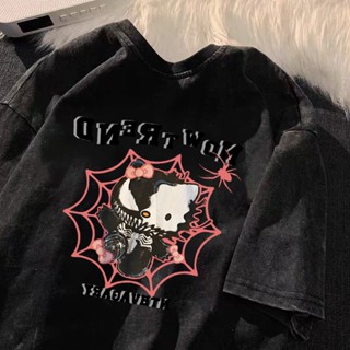 美式潮牌水洗T恤 短袖上衣 設計感上衣 水洗做舊上衣 oversize 蜘蛛凱蒂印花 T恤 重磅短t 夏季女生穿搭