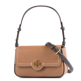 TORY BURCH FELIX 荔枝紋翻蓋肩背/斜背二用包-棕色/迷你款 【美國正品現貨】