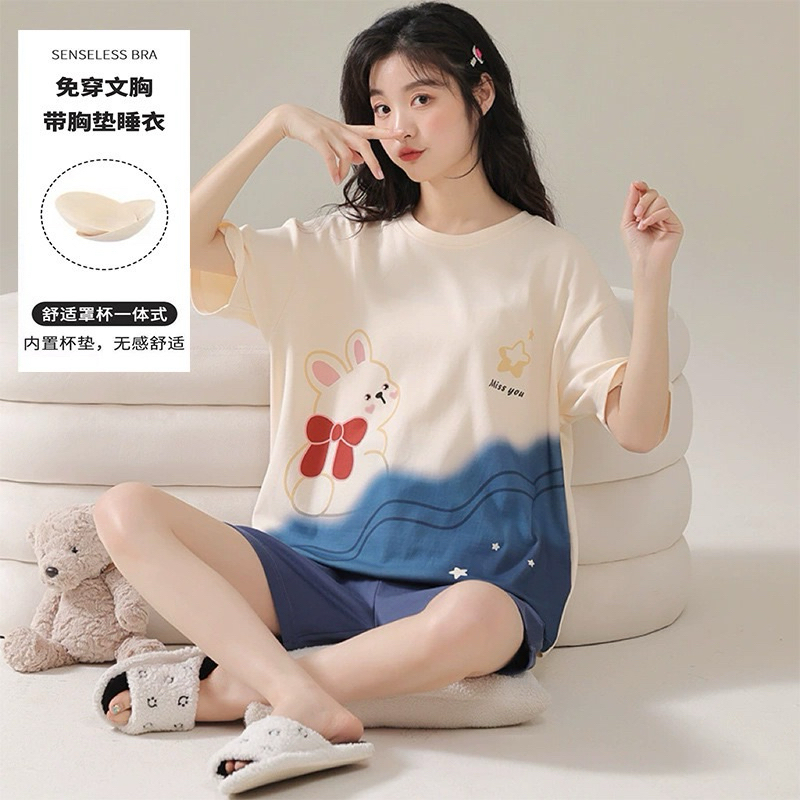 【台灣出貨】胸墊 睡衣 胸墊睡衣 可外穿  睡衣女 夏季睡衣 短袖睡衣 居家服 韓版睡衣 帶胸墊睡衣女 傢居服兩件套