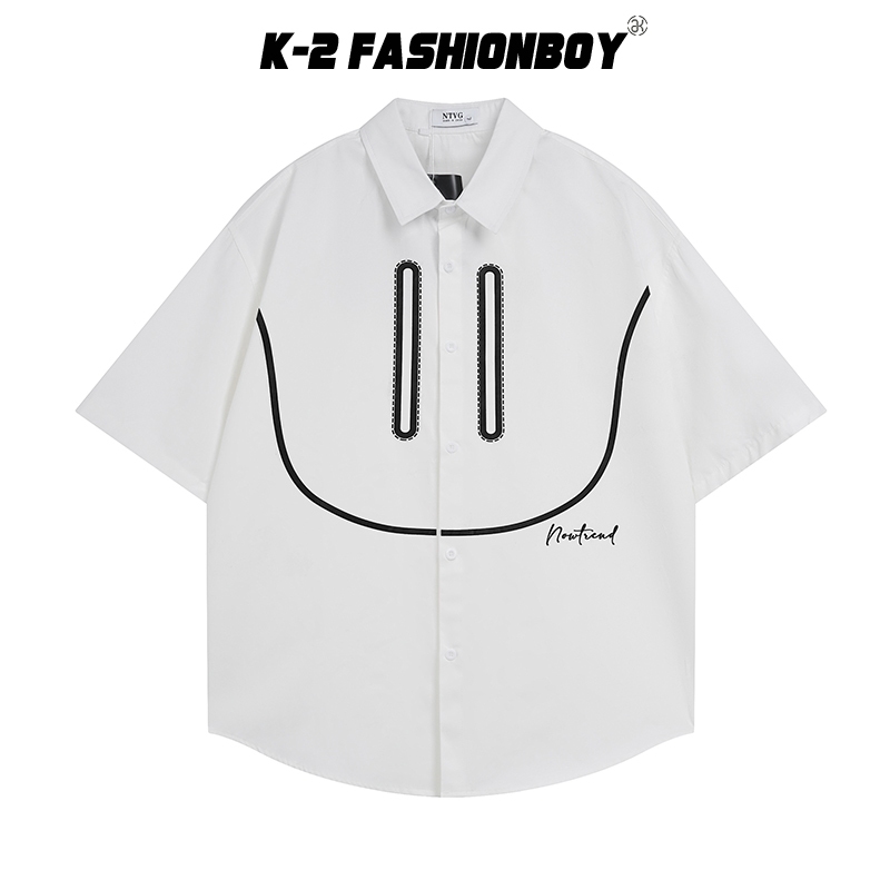 【K-2】簡約設計感 笑臉 微笑 線條 字母印花 小LOGO 短袖襯衫 穿搭 休閒 寬鬆 情侶 K2【J9109】