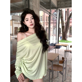 【KIKIFAME】🤍兩色 純欲透膚感蕾絲拼接假兩件上衣 露肩上衣 蕾絲上衣 寬鬆上衣 長袖上衣 長袖T恤 斜肩上衣