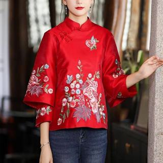 【新款】複古 國風上衣 鳳凰刺繡旂袍 短款外套棗紅色中式上衣女 紅色上衣 漢服上衣 旂袍上衣 唐裝 大尺碼國風服飾